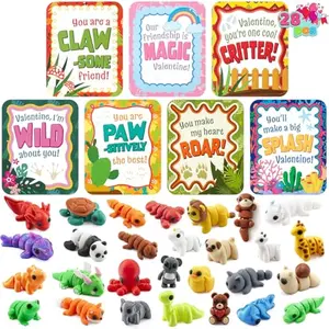 28 Pcs 3D Printed Mini Animals with Valentine Greeting Cards, Animals Articulated Flexible Stress Toy for Kids, Classroom Gift Exchange Prizes, Cute Desk Pets Decor, Party Favors