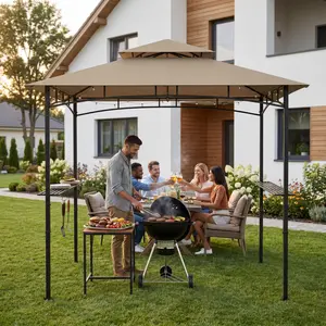 8x7' Outdoor Grill Gazebo, Double-Tier Vented Roof, BBQ Shelter Canopy with Easy Setup, 2 Shelves, Utensil Organizer, Outdoor Patio Canopy for Backyard and Garden Cookouts