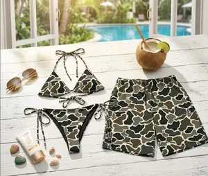 [Hot Summer 2026] - Couple Abstract Camo Print Bikini Set and Hawaiian Shorts, Bold Matching Summer Beach Outfit