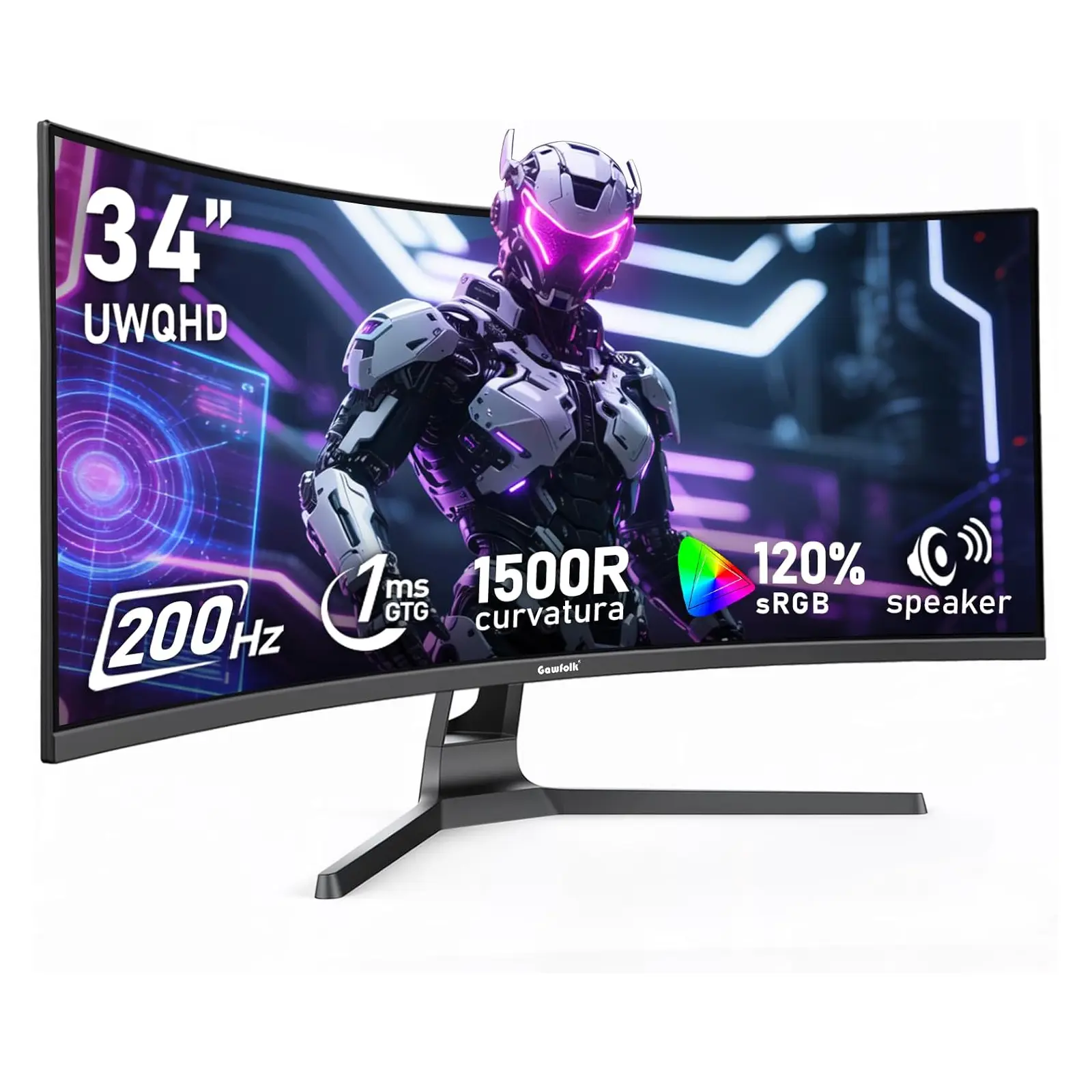 Gawfolk 34 Inch Curved Ultrawide Gaming Monitor 200Hz 1ms UWQHD 1500R 120% sRGB Adaptive Sync Built-in Speakers HDMI DP VESA 75x75mm