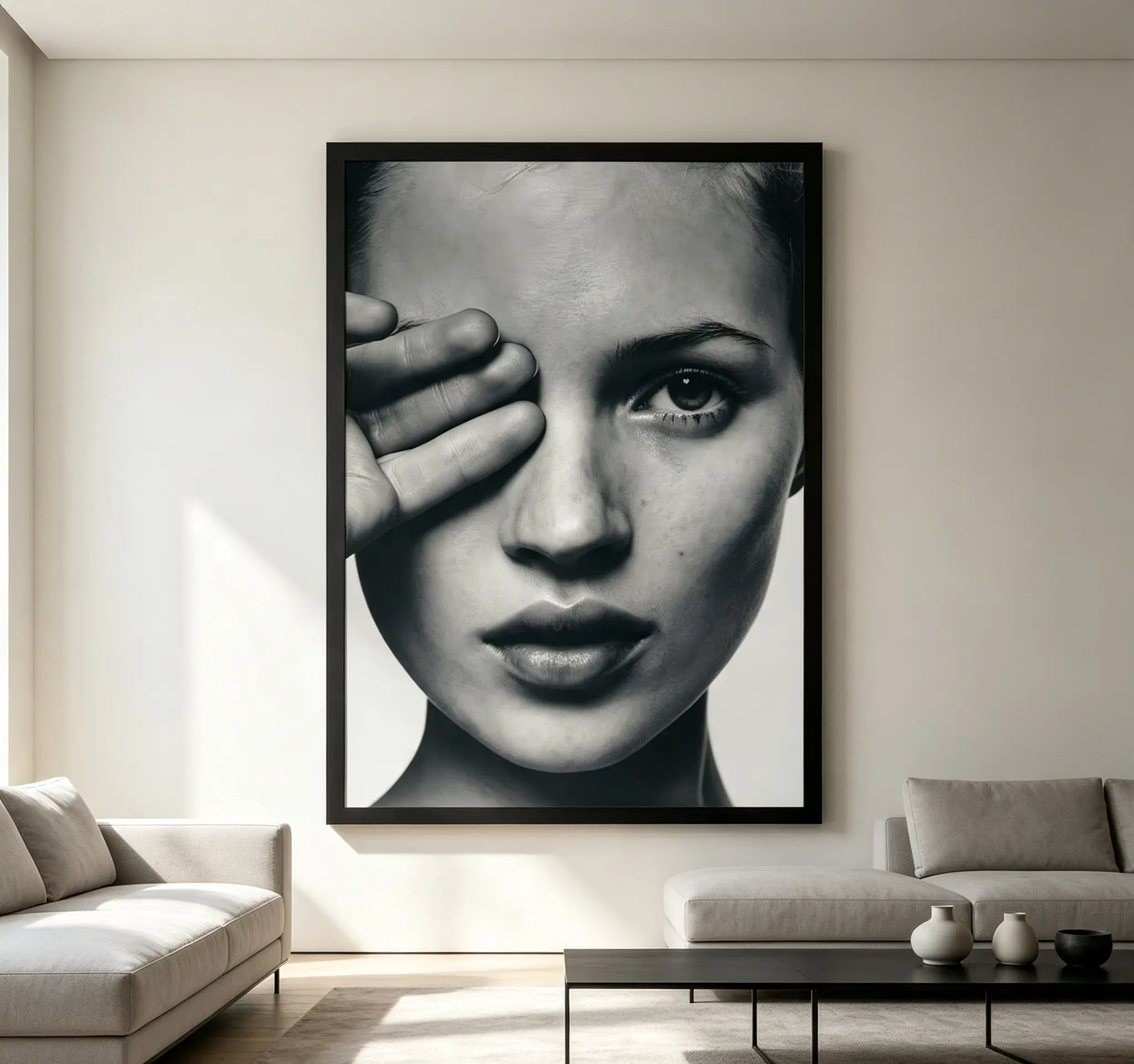 Kate Moss Black-White Portrait Canvas Poster, Vintage Fashion Model Wall Art, Moody Minimalist Bedroom Decor, Elegant Gift for High-Fashion Art Enthusiasts