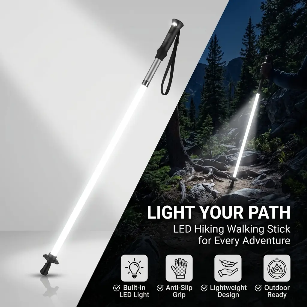 LED Hiking Stick, Laser Saber Style Trekking Pole in Lightweight Aircraft Aluminum, Adjustable for Night Hiking, Backpacking & Evening Walks, Mountaineering, Nature Walks, Built-In Flashlight Hiking Sticks
