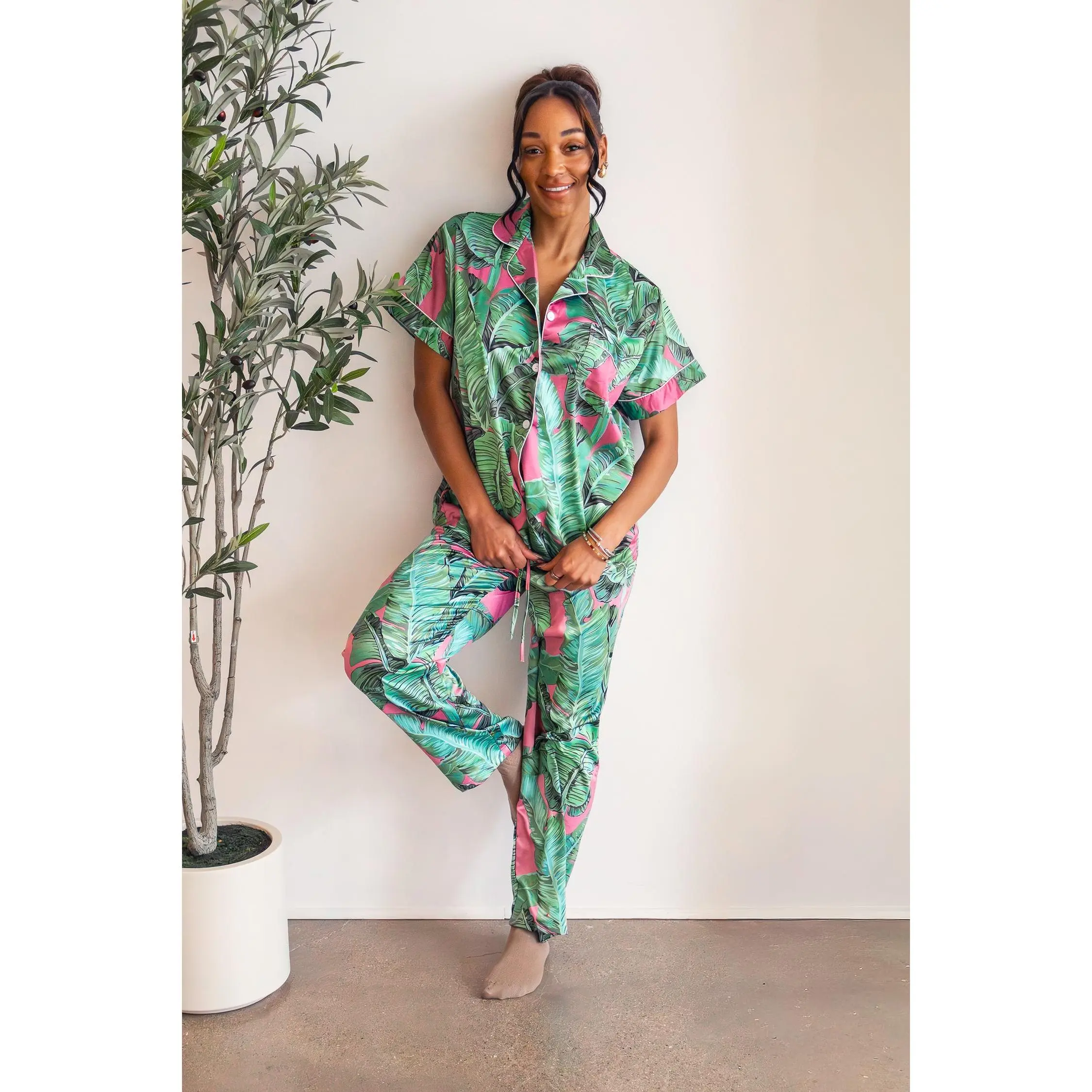 Women's Pajama Set, Soft Satin 2-Piece Tropical Pyjamas with Cuff Hems, Shortsleeve Loungewear, Custom Text Option, Banana Print, Banana Leaf, Night Wear, Contrast Binding, Elastic Waist, Nightwear, Printed, Custom Printed