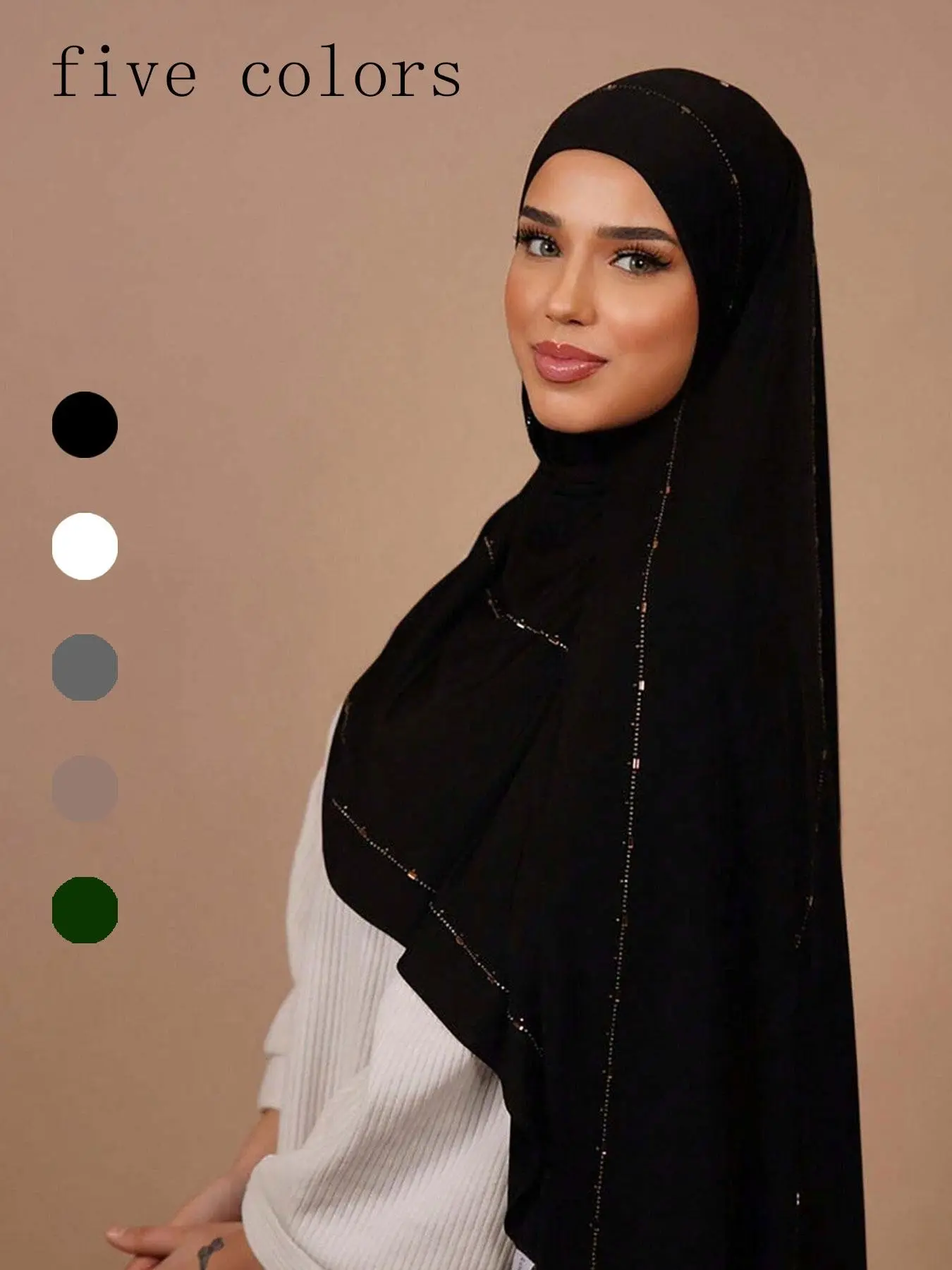 1pc Women's Plain Jersey Soft Headscarf, Rhinestone Decor, Arabic Style Casual Long Scarf, Conservative Solid Color, Suitable For Daily Use For Dress
