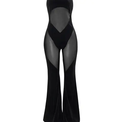 Women's Sheer Tulle Fabric Flare-Leg Halter-Neck Jumpsuit, Solid Drop-Waist Slim-Fit Jumpsuit for Summer, Party and Club