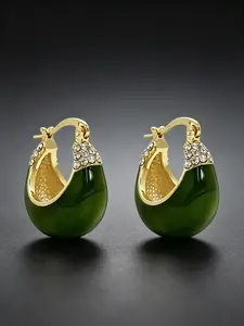 2Pcs Elegant C-shaped Green Crystal Drop Earrings, Alloy Inlaid Cubic Zirconia, Versatile Fashion Accessories for Women. Unique luxury inlaid design, ideal for daily wear and gifting, perfect presents for friends, Valentine's Day, birthday and anniversary