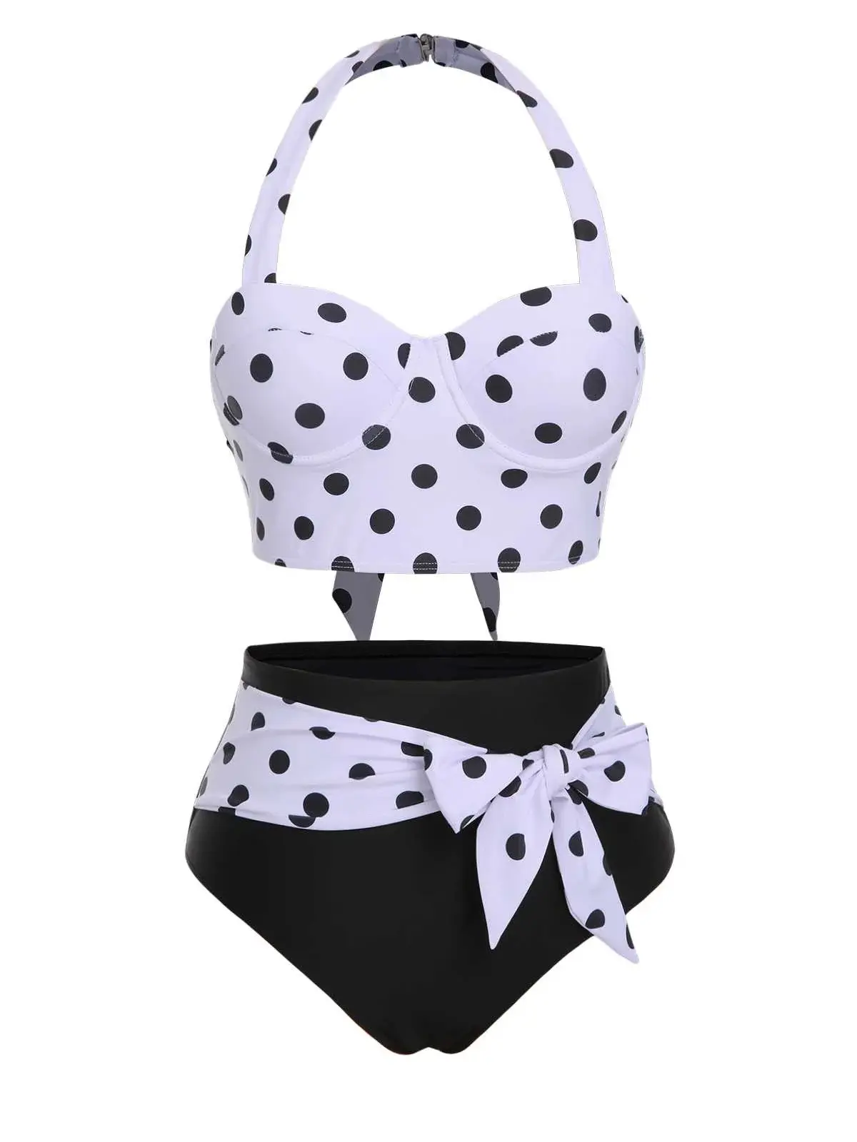 RETRO STAGE Women's Bathing Suits, Retro 1950s Polka Dot Swimsuits Bikinis with Padded Underwire Halter Top and High Waisted Sash Bottom, Beach Wear, Stretch, Padded Top, Polka Dots, Bikini Outfits, Two-Pieces