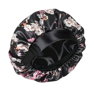 Double Layer Silk Bonnet for Haircare Soft Practical Sleeping Cap with Elastic Tie Band for Curly Natural Hair Comfortable Secure Fit Heatless Floral Black