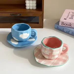 Creative Heart Design Handmade Ceramic Coffee Mug and Saucer Set, Heart Coffee Cup, Unique Irregular Artisanal Aesthetic Drinkware, Perfect Valentine's Day Mother's Day Birthday Gift for Coffee Lovers Women Men, Home Office Decor Use