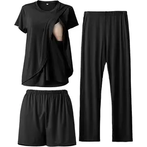 Women's 3-Piece Crew Neck Nursing Clothes, Soft Casual Maternity Breastfeeding Pjs, Postpartum Maternity Loungewear Set