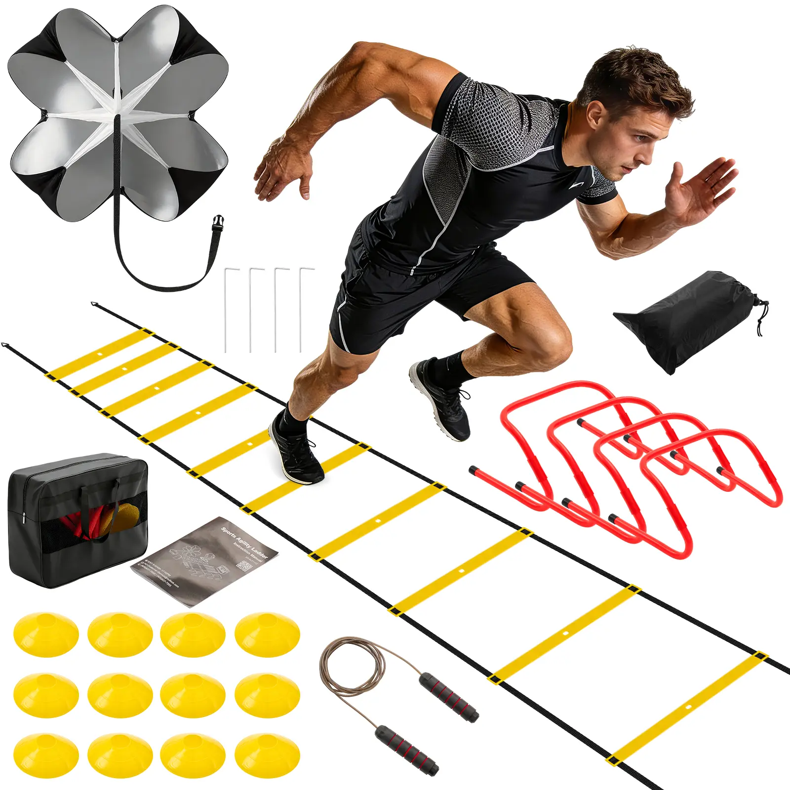 Agility Ladder Training Set with Speed Parachute, Hurdles, Cones, Jump Rope, Athletic Speed & Coordination Workouts Equipment, Athlete Training, Performance Training