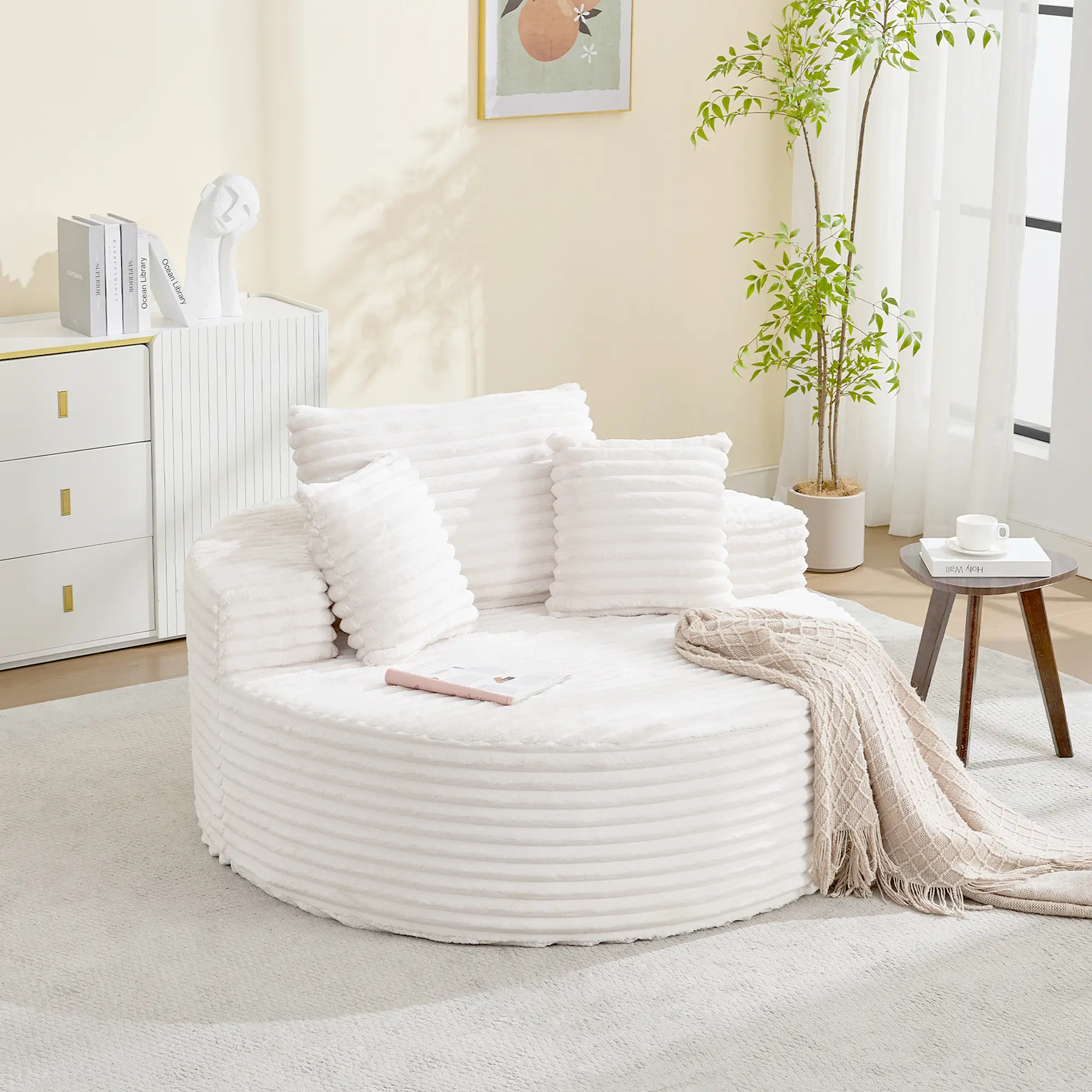Beige Stripes Corduroy Chaise Lounge Chair - 54.7 Inches, 9"-Wide Armrests, Sponge Deep Seat, 3 Pillows, Durable Frameless Modern Round Cloud Reading Chair, No Assembly for Living Room Bedroom