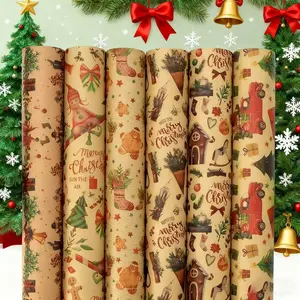 Vintage Yellow Wrapping Paper (6 Sheets, Festive Look) with Reindeer & Tree Designs, Christmas Gifts for Holiday Party Gift Wrapping Accessories, Stocking Stuffers, Six Sheets