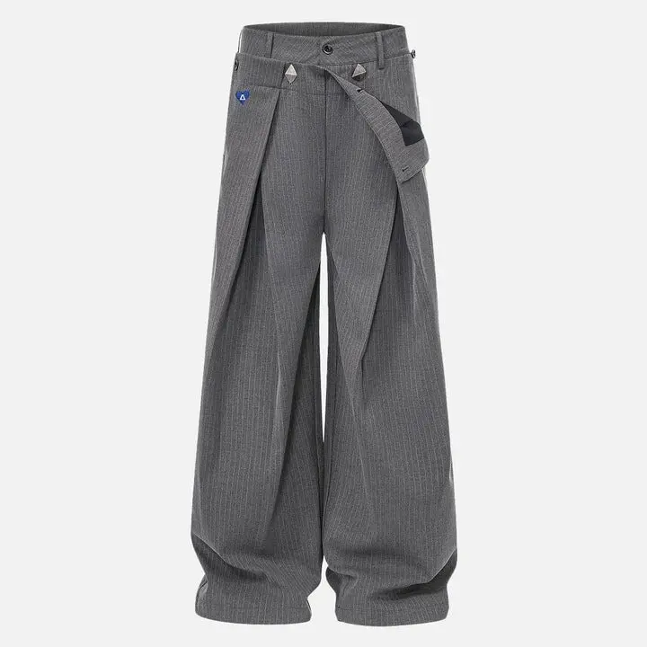 Aelfric Eden Double Waist Pleated Baggy Pants High Waist Asymmetric Double Waistband Triangle Stud Detail Vertical Stripe Fabric Oversized Baggy Wide Leg Deconstructed Streetwear Unisex Bottoms,clothes for back to school,first day of school outfits