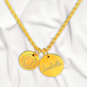 Personalized Gold Two Charm Tennis Necklace 18K Gold Plated PVD Stainless Steel 18-20 Inch Chain Tennis & Custom Name Engraved Pendant Gift for Tennis Enthusiast