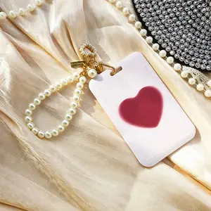 💖 1pc Pink heart-shaped pattern ID Holder w/ Pearl Keychain - Card Protector for Campus/Office (access card/Bus Pass), Slide Cover Design, Gift-Ready School Essential!