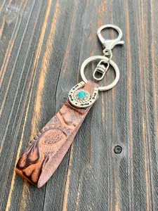 [Vintage Western Keychain] Vintage Western PU Leather Keychain | Turquoise Stone Embossed Boho Charm | Unisex Backpack Accessory Keychain Accessories