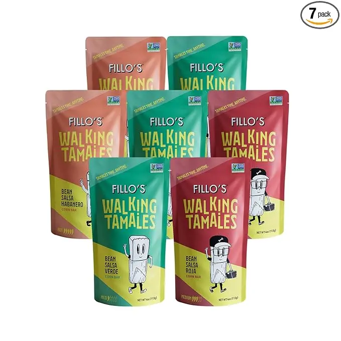 Fillo's Walking Tamales Variety Pack, 7 Ready to Eat Tamales, Gluten Free, Vegan, Non GMO, Microwavable, Shelf Stable Meal