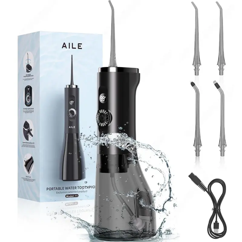 AILE Water Flosser,100 Modes for Teeth,Powerful and Rechargeable Oral Irrigator,LED Display,300ML Tank,IPX7 WP,Cordless Portable,Brace Care,Gift