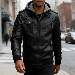Men's Stylish Faux 2-Piece Motorcycle Leather Jacket - Casual Fashion Plain Coats Set, Menswear Tops for Winter Outfits