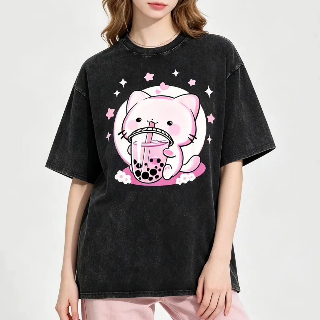 Ladies' Streetwear Tee, Oversized Drop Shoulder Shortsleeve with Cat Boba Graphic in Heavyweight Acid Washed Cotton, Top