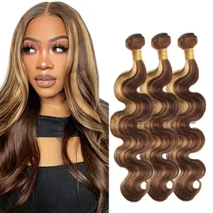 Rovess Hair【12A】Ombre Highlight Body Wave Bundles Human Hair 12A Honey Blonde P4/27 Human Hair Body Wave 4 Bundles 16-30 Inches 100% Unprocessed Brazilian Virgin Hair Bouble Weft Natural Weave body wave outdoorfun