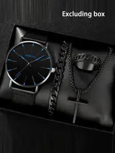 A set of stylish men's accessories including a steel strap quartz wristwatch, calendar, ring, cross necklace, and bracelet for casual and business occasions.
