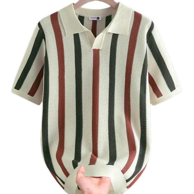 New summer trendy ice silk men’s T-shirt, striped color-block polo shirt with turn-down collar for men, short sleeves, trendy casual knit top for men — #SummerWins