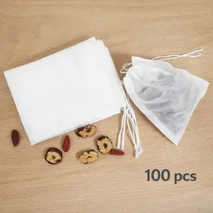 100 Pack Drawstring Bags, Disposable Small Mesh Bags for Cooking, Soaking Medicinal Liquor, Tea Coffee Filter, DIY Craft Spices Storage, Weeding Party Favor