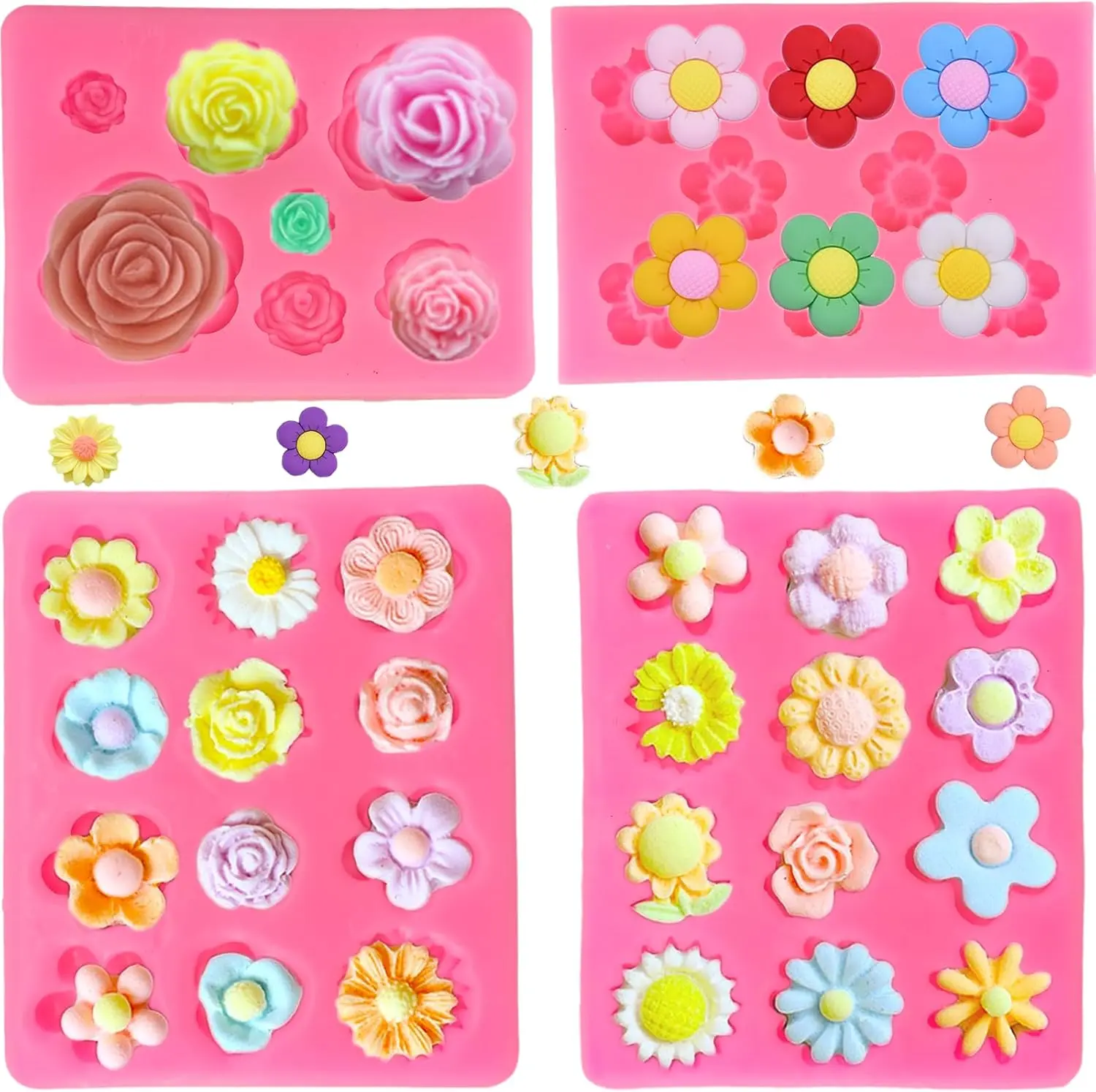 4 Pcs Flower Silicone Molds – Rose & Daisy Mini Chocolate & Fondant Cake Decorating Molds for Baking, Soap, Ice Cube & Wax Melt  – For Candy, Cake Pops, Resin Jewelry, Soap Making – Perfect for Cake Decorating, Cupcake Toppers, and DIY Crafts