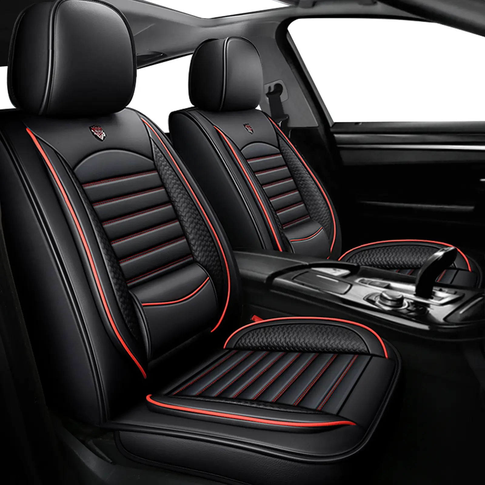 XIANGTA Waterproof Luxury Nappa Leather Car Seat Cover 5 Seats with Neck Support Pillows Full Coverage Universal Car Seat Cover Comfortable Durable Protector for All Cars car  gifts leathercar decor car stuff for women red stitching