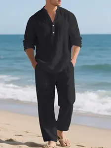 Men's Linen Breathable Hooded Button Long Sleeve Shirt & Straight Leg Pants Set, Casual Loose Fit Relaxed Fit Two-Piece for All Seasons