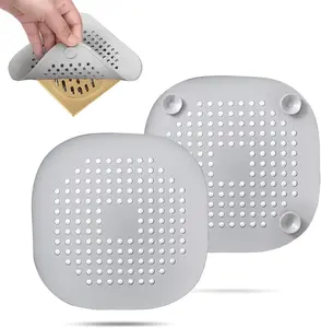 2 Pack Hair Drain Catcher, Square Drain Cover for Shower Silicone Hair Stopper with Suction Cup, Easy to Install Suit for Bathroom, Bathtub, Kitchen (Sliver Grey)
