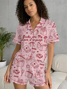 Books Are My Love Language Satin Pajama Set for Women, Pink Book Lover Sleepwear, Silky Button Up Pajamas, Cute Reading Lover Lounge Set, Romantic Valentine Gift for Her, Cozy Bookish PJs