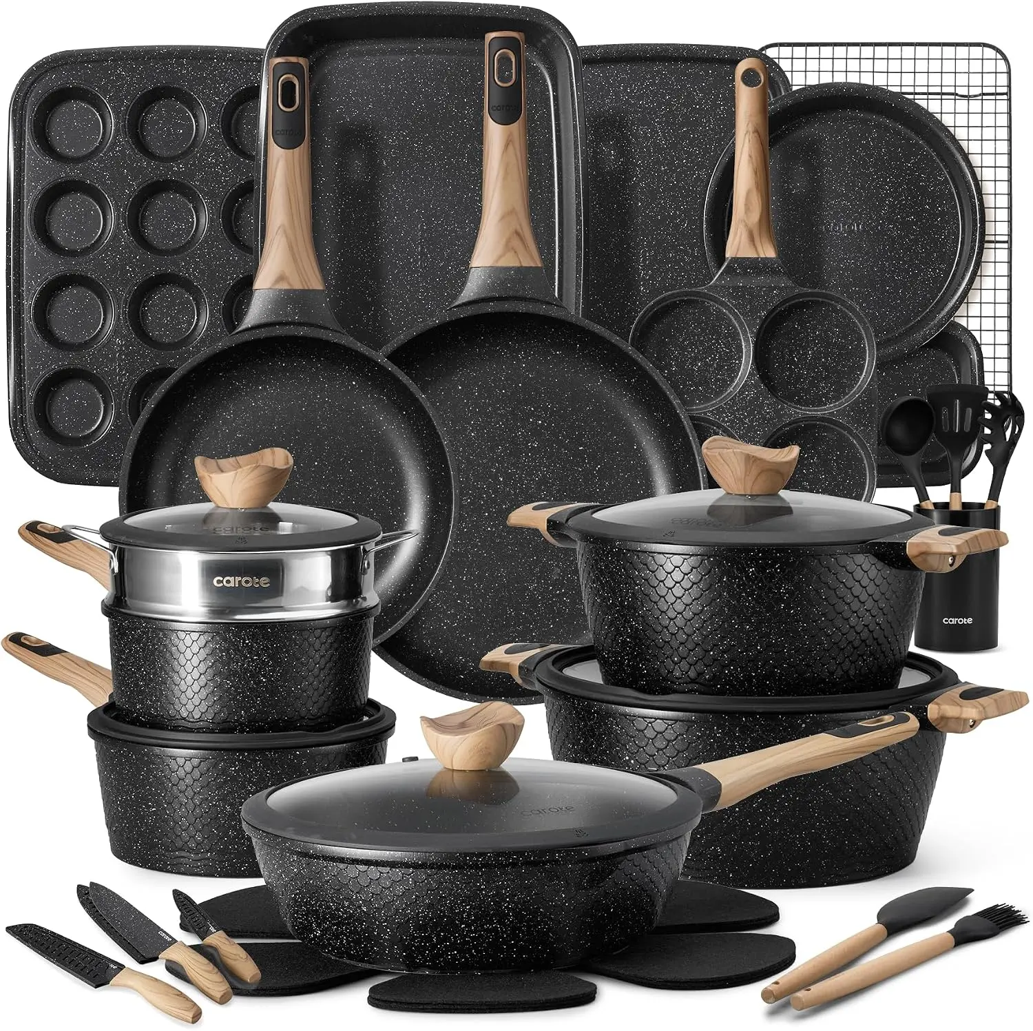 39pcs Nonstick Cookware Sets, Pots and Pans Set with Bakeware | Induction Kitchen Cooking Set, Special Texture Design, Ultra Durable, Easy Food Release, Even Heating, with Knife Set Glass Lid
