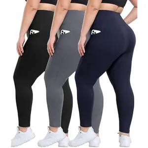 3 Pack Plus Size Leggings with Pockets for Women High Waisted Tummy Control Spandex Soft Black Workout Yoga Pants