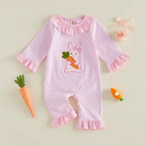 Infant Baby Girls Easter Romper Ruffled Trim Bunny Embroidered Striped Long Sleeve Newborn Jumpsuit 0-18 Months