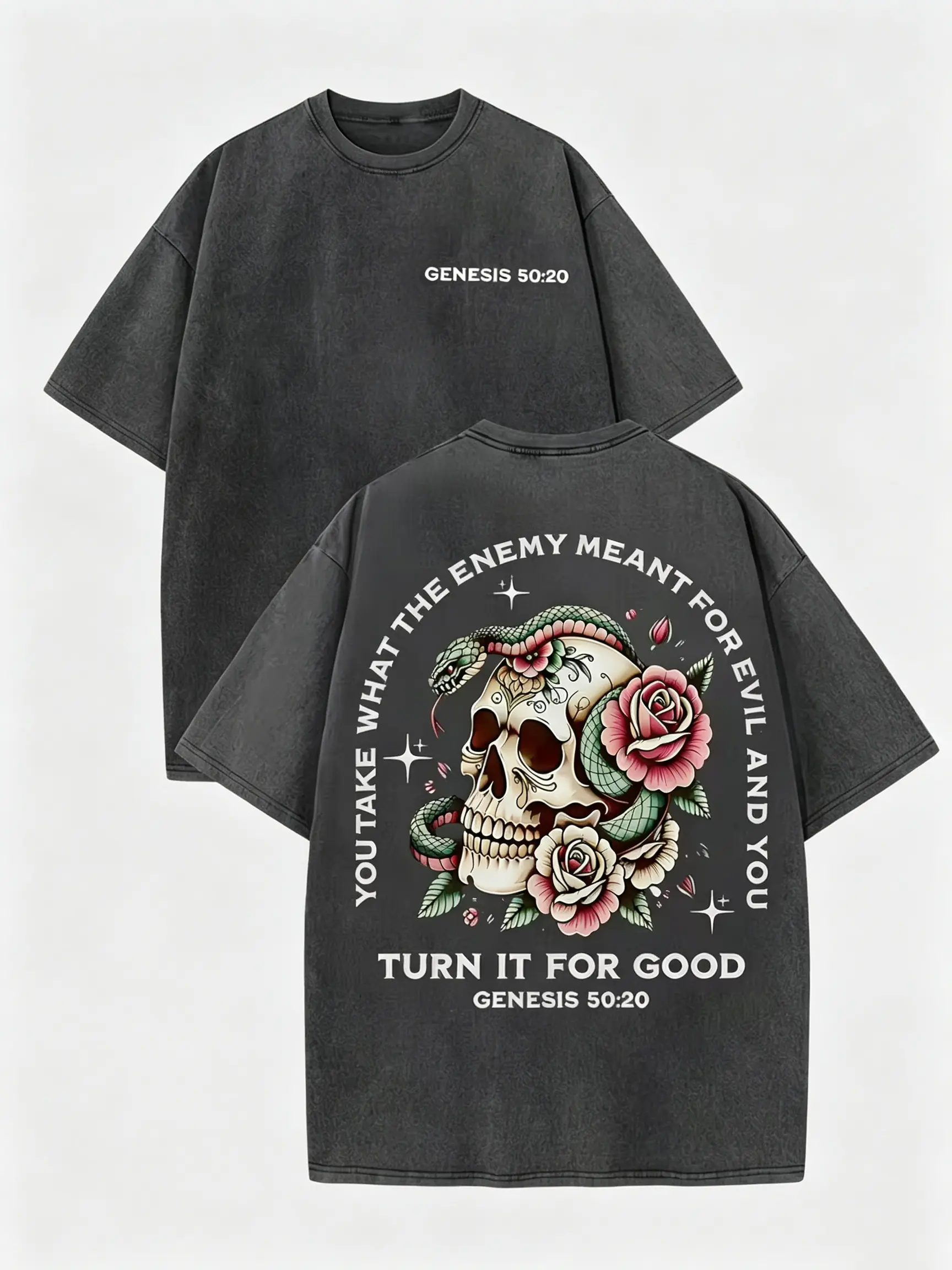 Unbranded Men's Oversized Round Neck Short Sleeve Top - Genesis 50:20 "What The Enemy Meant For Evil Turn It For Good", Snake Skull Rose Old School Tattoo, Double-Sided, Deep Acid-Washed Black, Christian Gothic Unisex T-Shirt