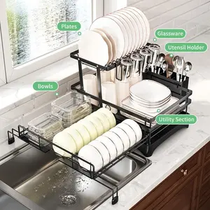 Foldable Dish Rack Drawer Type Dual Layer Draining Rack with Utensil Holder Space Saving Kitchen Organizer