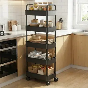 Slim 5-Tier Rolling Storage Trolley Cart with Handle, Narrow Utility Organizer Rack, Space-Saving Mobile Shelving Unit Utility Cart for Kitchen, Bathroom, Laundry