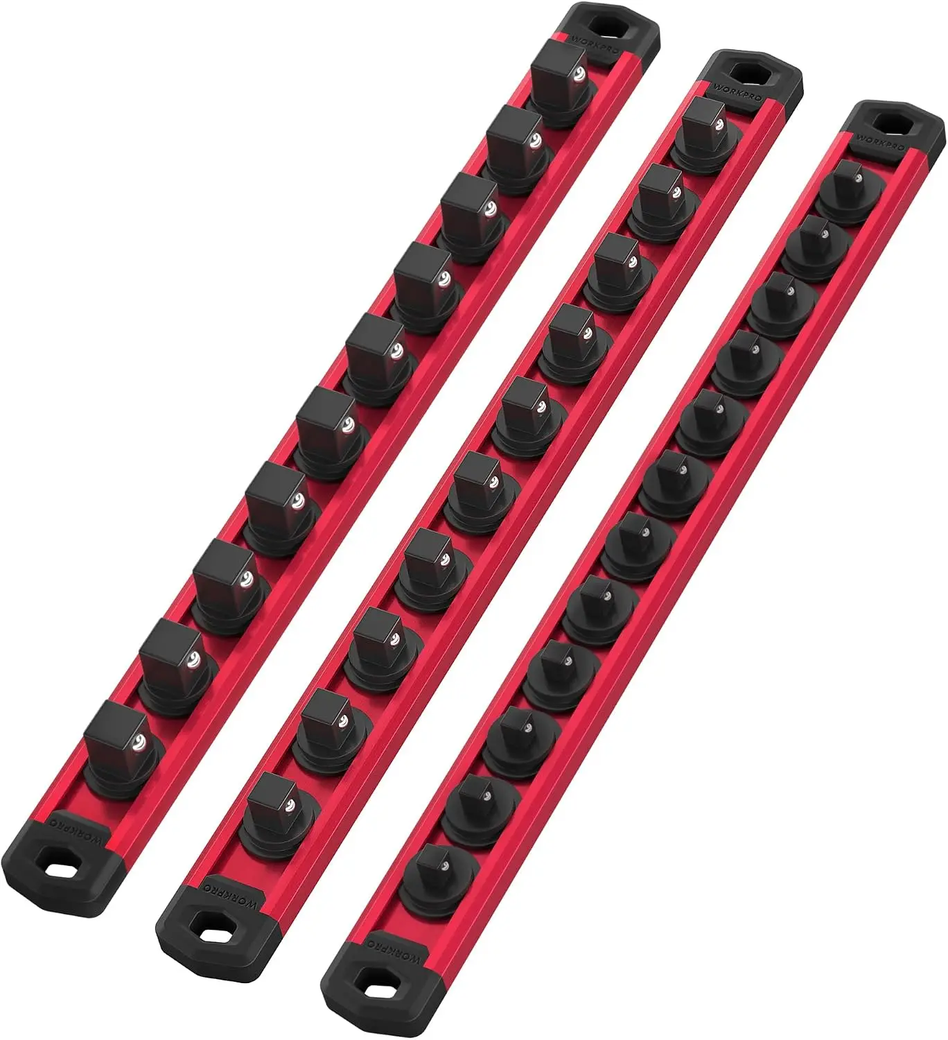 WORKPRO Magnetic Socket Organizer Set, 3-Piece 1/4” 3/8” 1/2” Socket Rails | 1 Piece 1/4-Inchx12 Clips, 1 Piece 3/8-Inchx10 Clips, 1 Piece 1/2-Inchx10 Clips, Aluminum Alloy, Rotatable & Movable Clip