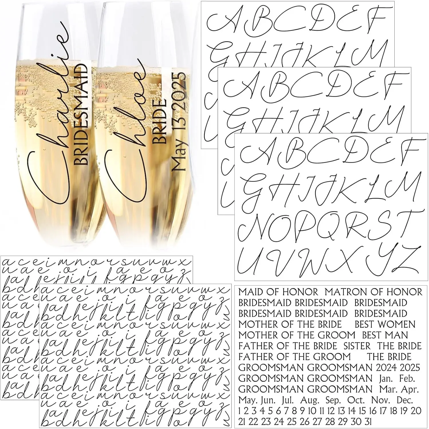 6 Sheets UV DTF Cup Wrap Letters for Bridesmaid Gifts Custom Transfer Letter Stickers  Vinyl Name Decal for Glass Cup Tumbler DIY Wedding Bridal Shower Bachelorette(Black)