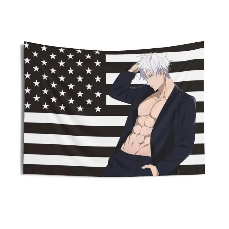 Gojo America Flag Decorative Tapestry - Anime Funny Wall Hanging, JJK Aesthetic Holiday Gift, 60x40in Sturdy Bright Digital Print Backdrop for Living Room Sofa