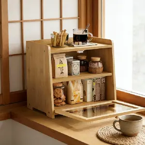 SURUI Bamboo Airtight Venting Kitchen Corner Bread Bin, Farmhouse-Style Rectangular Single-Layer Kitchen Accessories Container with Frosted Acrylic Door for Homemade Bread, Toast Storage