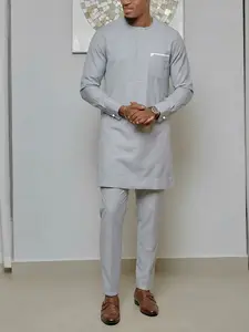 Men's Muslim Kaftan Set, Round Neck Long Sleeve Patchwork Design, Casual African Blouse & Pants, Wedding Party Business Gift