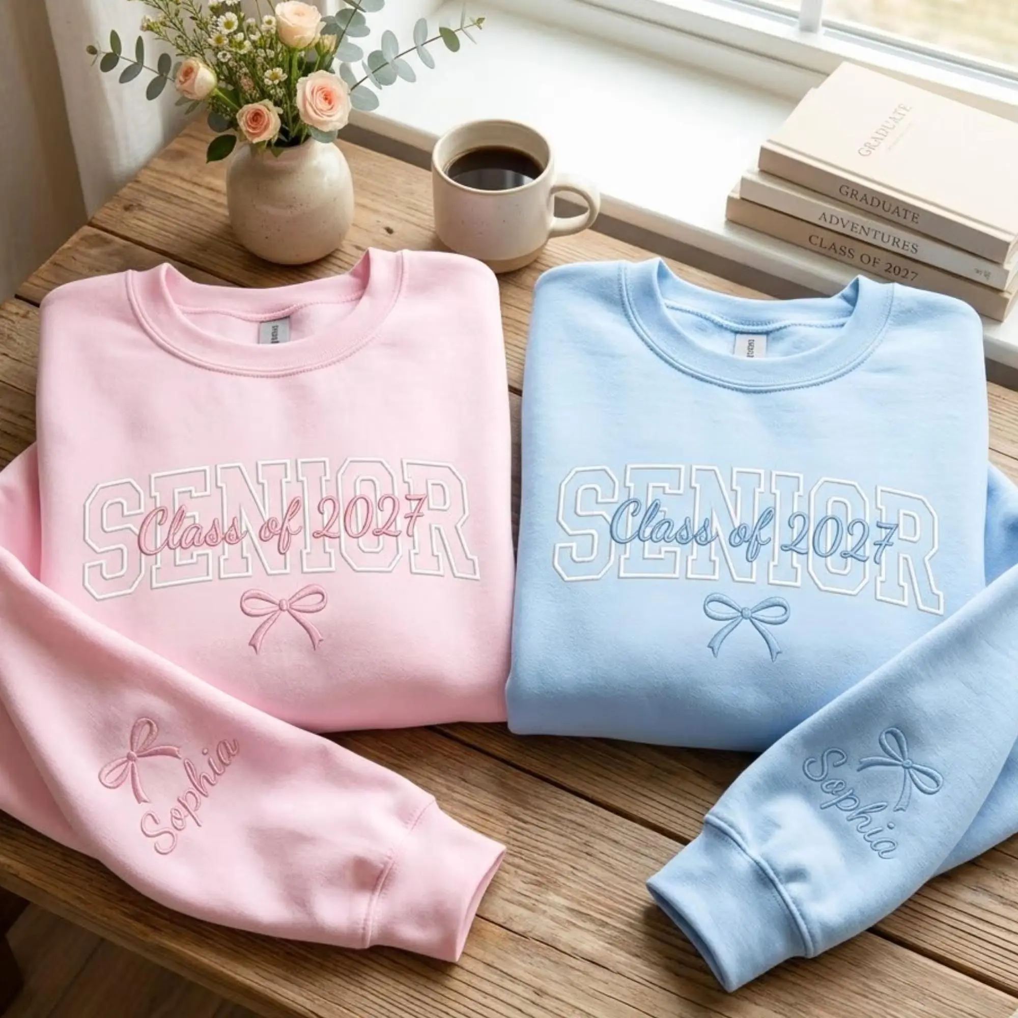 [Made in US] Embroidered Senior Sweatshirt, Class Of 2027, Personalized Cheer Gift, Coquette Crewneck