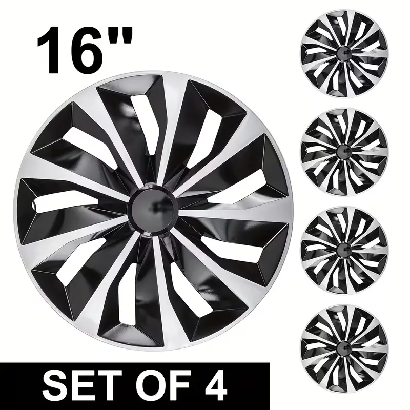 4-pack 16-inch snap-on full-size wheel caps for R15 tires and steel rims, providing superior protection, easy installation, and an enhanced aesthetic. Universally compatible with sedans, trucks, SUVs, and coupes. sohochic