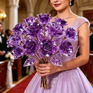 10 Steel - Purple Gold Gradient Crystal Rose Set - Artificial Radiant Eternal Crystal Rose Flower, Vase Decoration, Suitable for Wedding, Mother's Day, Valentine's Day, Lover Gifts, Birthday Party Decoration, and Festival Party Atmosphere Decoration