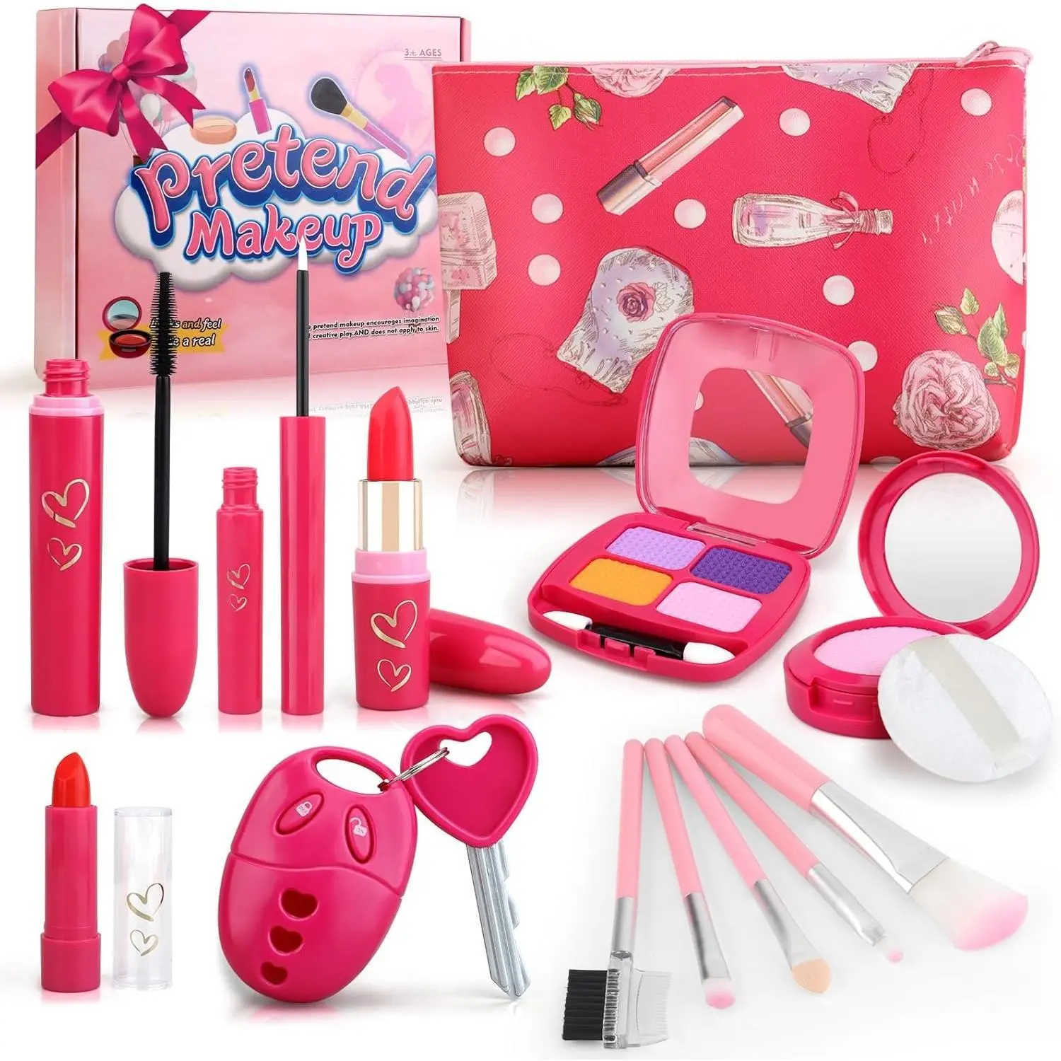 X-CPA01  Toddler Girl Toys, Pretend Makeup Kit for Girls 1-3 3-5, Kids Play Makeup Set for Kids 3-5 4-6 1-3, Toddler Makeup Kit with Fake Makeup Set, Car Key & Make up Toy for Age 2 3 4 5 Year Old Girl Gifts