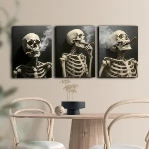 Skeleton Smoking Pattern Canvas Painting, 3 Counts/set Creative Skull Themed Wall Art, Wall Decor for Home Living Room Bedroom Office, Ornaments